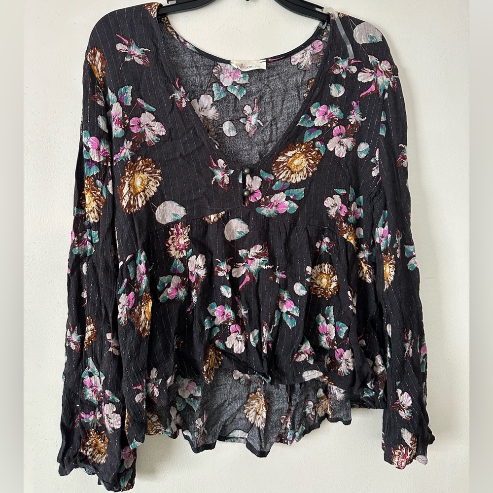 Millibon Black Floral V-Neck Top with Pink, Teal & Gold Accents
